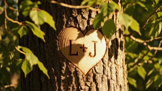 Carved Heart With Initials on Tree Trunk, Close Up
