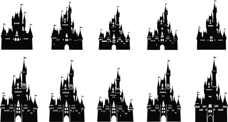 Set of Black Fairytale Castle Silhouettes Featuring Magical Fantasy Fortresses with Towers and Turrets Isolated on White Background for Storybook Design © Its Ariful 