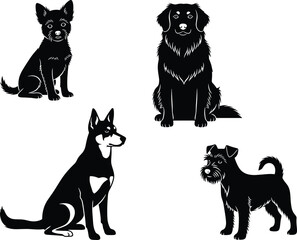 Black dog breed silhouettes, sitting and standing poses, vector illustration, pet animal icons, canine shapes, isolated on white background