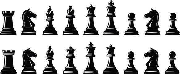 Complete Set of Black Chess Piece Silhouettes Including King Queen Rook Bishop Knight and Pawn Icons Isolated on White Background for Strategy © Its Ariful 