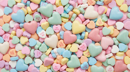 A colorful assortment of heart-shaped candies in pastel shades of pink, blue, yellow, green, and purple, scattered closely together, conveying a playful, sweet vibe.