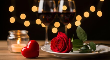 A romantic setting with two glasses of red wine, a red rose on a white plate, a candle, and a red heart on a wooden table. Warm bokeh lights in the background.