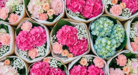 Bright bouquets of mixed flowers, including pink and blue hydrangeas, and peach roses, arranged in paper wraps. The image conveys freshness and vibrancy.
