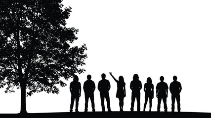Black silhouette of people group standing together under large tree on white background, outdoor community gathering, nature environment, friendship and teamwork concept.