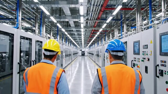 Two workers in orange vests and hard hats gesture near rows of electrical cabinets in a bright plant