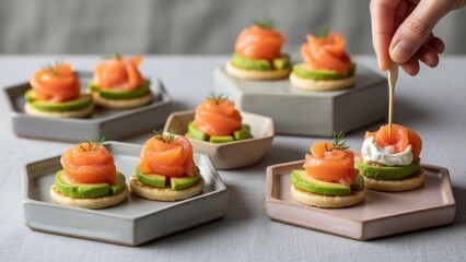 Garnishing Smoked Salmon Canap?s on Toasted Bread.