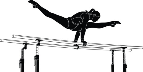 Female gymnast performing balance beam handstand split, athletic gymnastics silhouette vector illustration, professional sport training pose isolated on white background