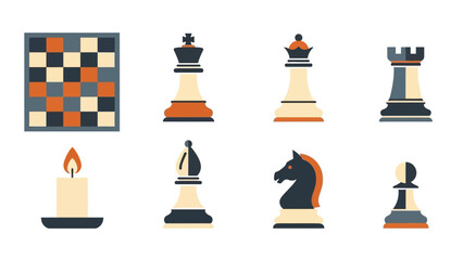 Chess game icons: flat style pieces and board set for strategic gameplay design