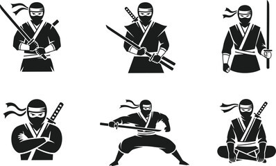 Ninja warrior silhouette icon set with katana swords, martial arts poses, Japanese samurai style vector illustration collection isolated on white background
