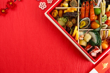 おせち料理のイメージ素材（赤背景）