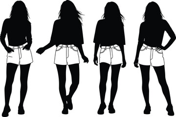 Stylish young women silhouettes walking in shorts vector illustration isolated on white background, fashion lifestyle concept, modern female poses
