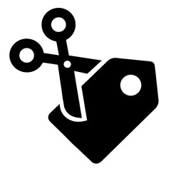 Black and white vector illustration of scissors cutting a price tag icon isolated on white background, perfect for discount, coupon, and shopping promotion designs.
