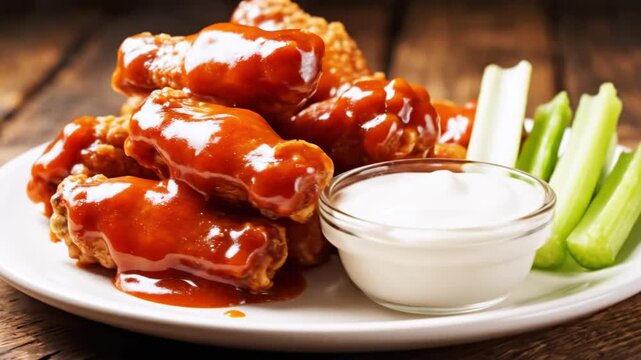 Crispy chicken wings glazed in glossy sauce, served with celery sticks and ranch dip, appetizing now