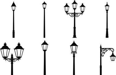 Vintage street lamp silhouette icon set featuring classic lamppost designs, urban lighting elements, decorative outdoor lantern vector illustration isolated on white background