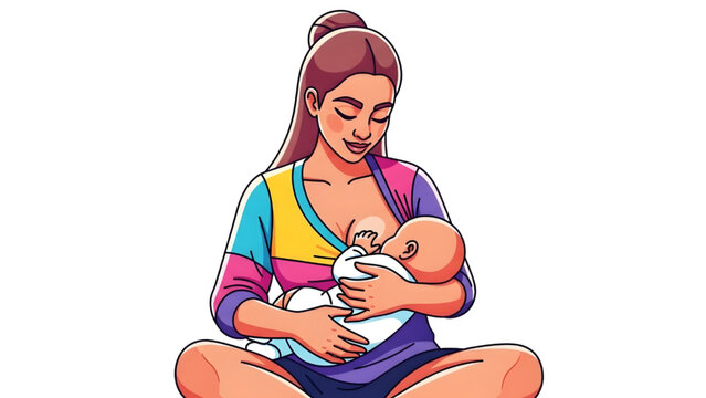 Young Mother Breastfeeding her Newborn Baby, Nursing Infant in Gentle Embrace, Healthcare and Maternity Concept Flat Vector Illustration - Powered by Adobe