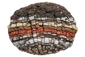 Spherical ball of layered soil showing geological stratification on a transparent background
