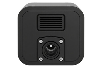 Fototapeta premium Front view of black industrial machine vision camera with lens on a transparent background