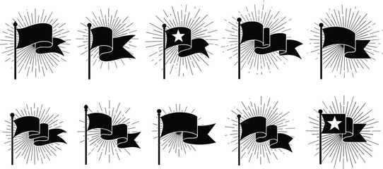 Vintage waving flag icon set with sunburst rays, retro banner silhouettes, heraldic emblem vector illustration collection isolated on white background