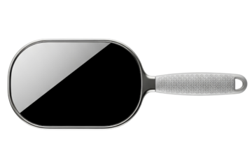 Oval handheld salon mirror with textured silver grip handle on a transparent background