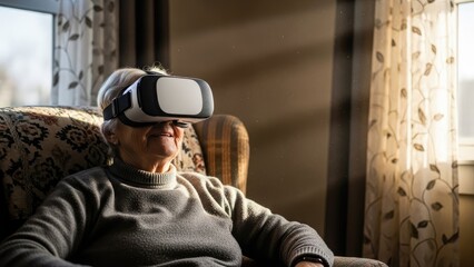 An elderly woman wearing a VR headset, experiencing virtual reality with a smile. She's sitting comfortably in an armchair, bathed in sunlight