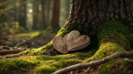 Two wooden heart shapes rest together at the base of a tree on a moss-covered forest floor, surrounded by a natural woodland setting with soft daylight filtering through the trees.