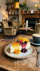 cheesecake with orange and fruit jam on a plate served in a very cozy cafe setting