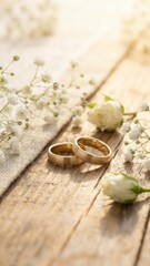 two gold wedding rings on a warm textured surface with delicate white flowers evoking romantic elegance