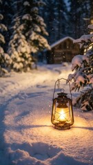 lantern with burning candle illuminating a snowy winter night with a very soft warm glow