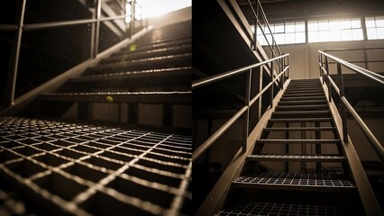 Industrial Staircase with Metal Grating and Railings.