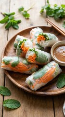 fresh translucent rice paper rolls filled with shredded carrots herbs and noodles on wooden plate