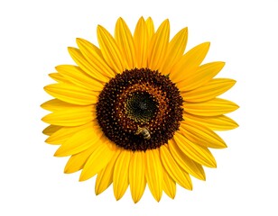 Fototapeta premium Top-down view of a bright yellow sunflower with a bee
