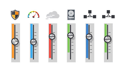 Digital Network Performance Dashboard with Slider Controls for Cloud Security Speed and Data Storage Optimization
