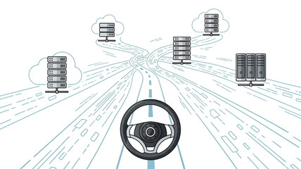 Conceptual Illustration of a Steering Wheel on a Digital Data Road Leading to Cloud Servers Representing Automated Network Management