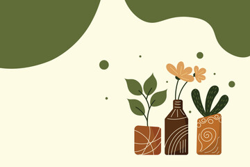 nature vector background with house plants in pots and organic shapes