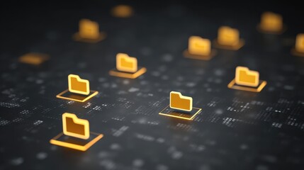 Abstract Digital Network Grid with Yellow Folders and Files Representing Data Management and Organization in a Modern Virtual Environment