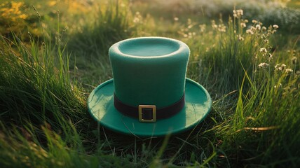 St patrick's day green top hat in a field of grass celebrating irish heritage and luck