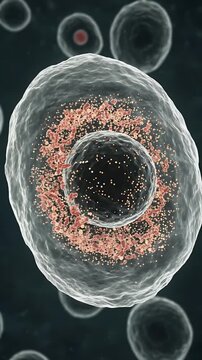 3D Animation Of A Human Cell With Nucleus And Granules In Dark Background