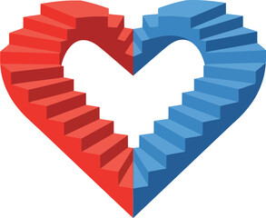 A 3D heart shape made of red and blue stairs isolated clipart editable and scalable