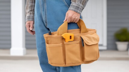 Skilled Technician with Tool Bag Entering Residential Area for Home Maintenance and Repair Services