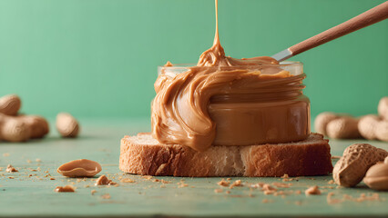 a peanut butter on bread with knife with an instagram-style aesthetic, with the jar in view