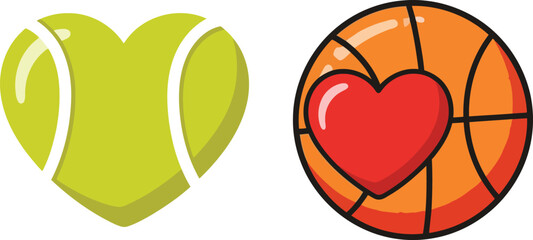 A heart-shaped tennis ball and basketball isolated vector illustration on transparent background
