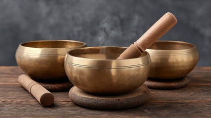 Tibetan Singing Bowls with Wooden Mallets on Rustic Tabletop Creating Melodic Resonance and Calming Atmosphere