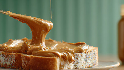 a peanut butter on bread with knife with an instagram-style aesthetic, with the jar in view