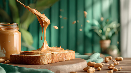 a peanut butter on bread with knife with an instagram-style aesthetic, with the jar in view