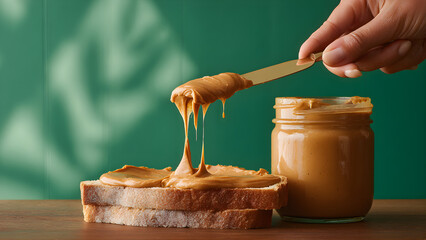 a peanut butter on bread with knife with an instagram-style aesthetic, with the jar in view