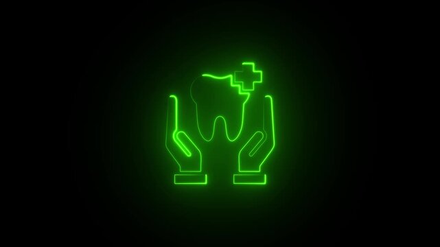 Neon green glowing tooth with medical cross and hands healthcare dentistry concept