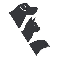 Isolated pictogram silhouettes of pet dog, cat, and bird, representing domestic animal symbols, perfect for design, icons, and graphic design.