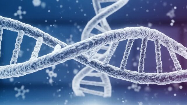 A microscopic view of intertwined DNA strands in a blue and purple environment with snowflakes