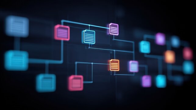 Abstract Network Visualization of Data Flow with Colorful Nodes and Connections Representing Information Transfer in Digital Environment