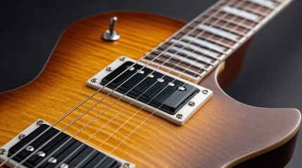 Close-Up Macro Shot of Sunburst Electric Guitar Showing Wood Grain and Reflective Finish for Striking Visual Appeal in Music Photography